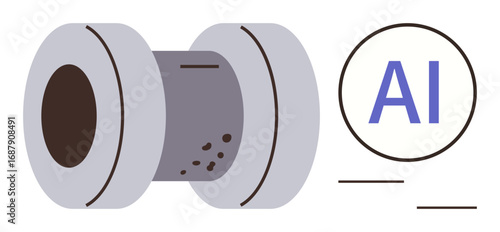 Cylindrical core object paired with AI text in modern style. Ideal for technology, innovation, automation, machine learning, engineering, data systems, and artificial intelligence concepts. Simple