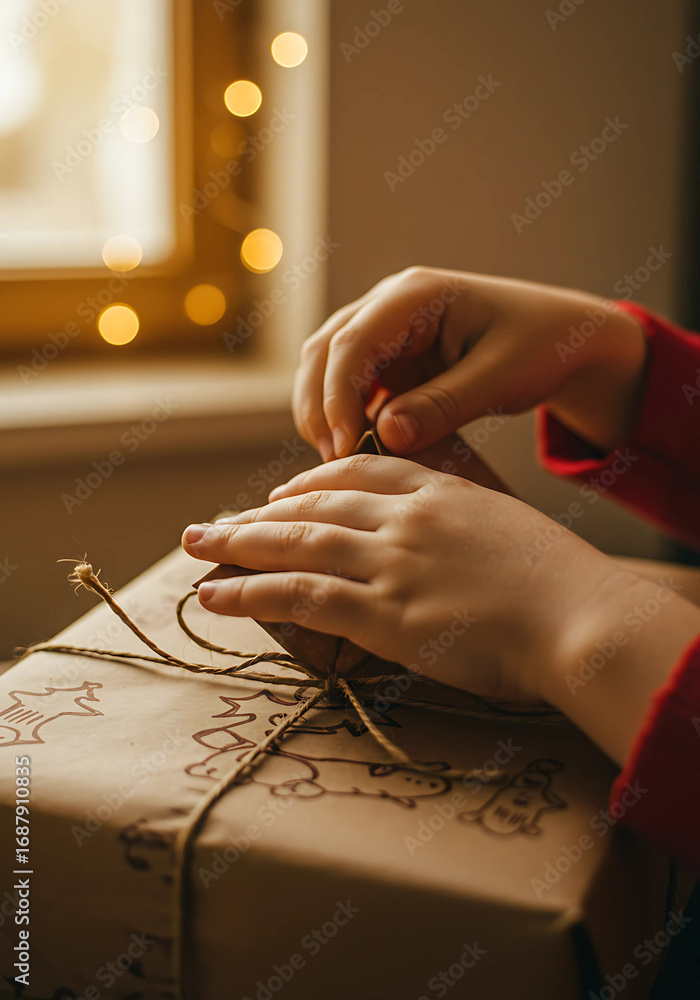 Obraz premium Child’s hands opening a handmade Christmas gift wrapped in kraft paper, nostalgic atmosphere. 