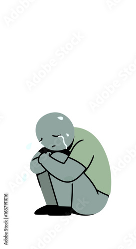 Isolated stylized figure in fetal position crying with visible tears conveying deep sadness and emotional distress