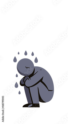 Isolated figure crouched in despair with falling teardrops symbolizing sadness and emotional struggle