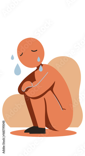 Desperate person crying with tears and sweat, feeling overwhelmed and sad, seeking comfort in isolation