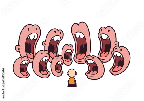 Small figure calmly facing a chaotic swarm of shouting mouths, representing overwhelming opinions or noise, a powerful visual metaphor for mental resilience and focus amidst discord.