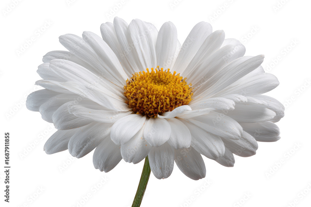 Fototapeta premium Close-up of a single, white daisy. Petals are a soft white, radiating outward from a central disc. A yellow-gold center is visible. Isolated against black background