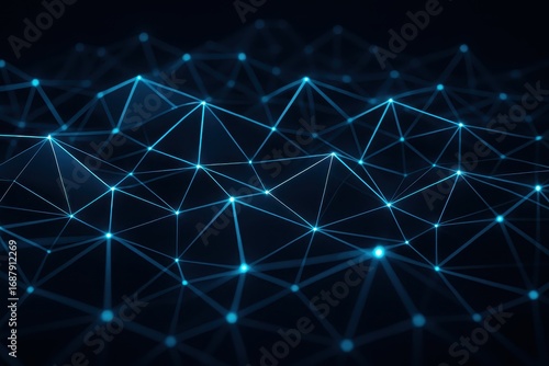 Advanced polygonal network visualization with neon blue accents on dark background representing cutting-edge technology