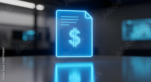 Glowing Holographic Financial Document with Dollar Sign on Modern Desk in Futuristic Office - Digital Business, Investment, and Data Concept