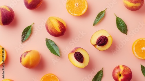 Flat lay Peaches oranges and leaves on peach background