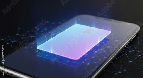 Wallpaper Mural Secure Digital Payment Concept: Glowing Holographic Credit Card Above Smartphone Screen, Illustrating Mobile Banking, Contactless Transactions, and... Torontodigital.ca