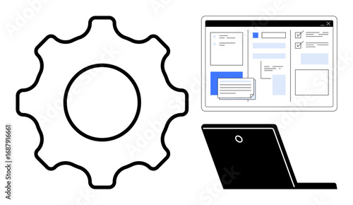 Gear beside laptop and computer interface screen suggesting system setup, collaboration, and task optimization. Ideal for software, workflow, productivity, automation, digital system, business