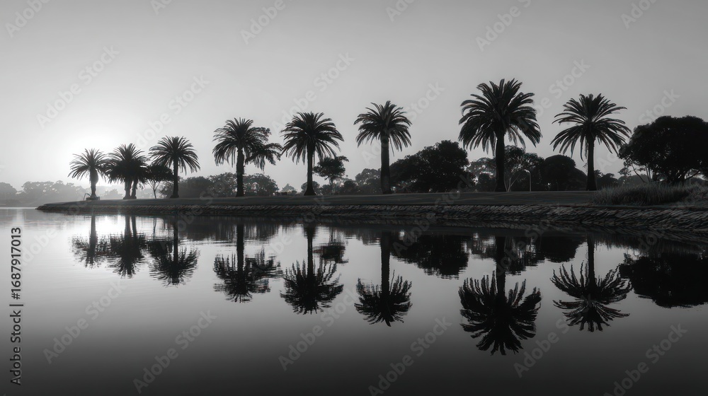 Obraz premium Black and white photo shows a serene lake reflecting palm trees at sunrise