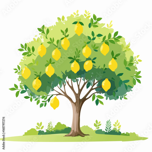 Vector watercolor of lemon tree side view isolated on white background for landscape and architecture drawing, elements for environment and garden, painting botanical for secti