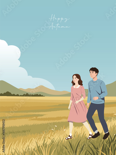 가을의 황금 들판을 걷는 커플 