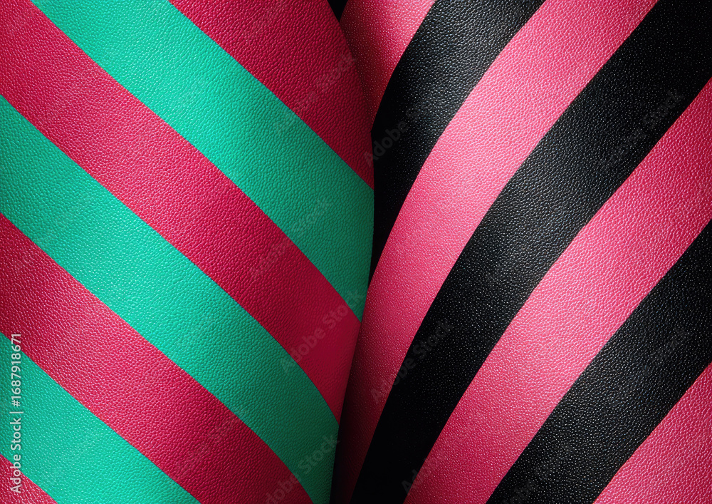 Fototapeta premium Close-up of two fabrics, one teal and pink, the other black and pink, both with diagonal stripes