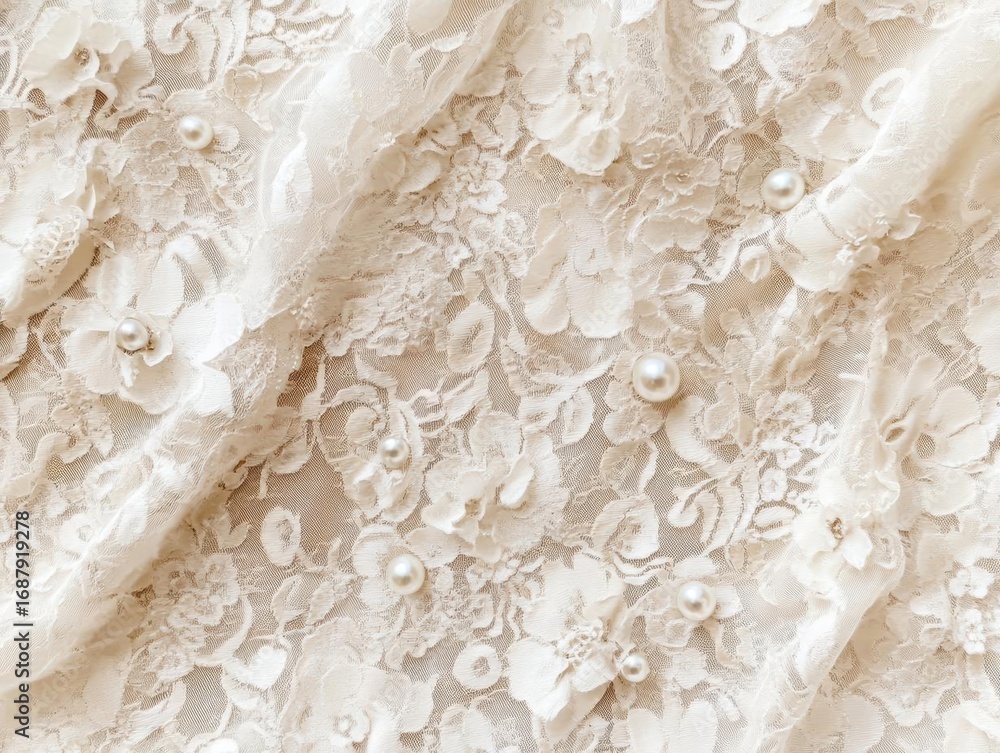 Obraz premium Elegant Cream Lace Fabric Adorned with Pearls: A Detailed Look at the Intricate Floral Design and Luxurious Texture, Showcasing Timeless Sophistication and Delicate Beauty.