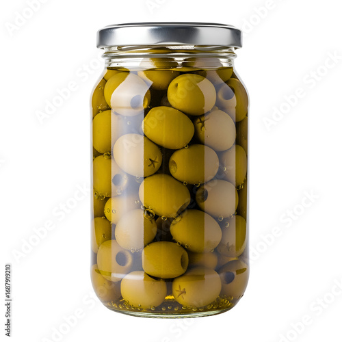 Glass Jar of Olives with Transparent Background, shows Green Olives preserved in Brine, Jar of Olives against Black backdrop