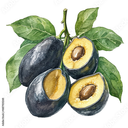 Black Sapote, watercolor vector, isolated on a white background.