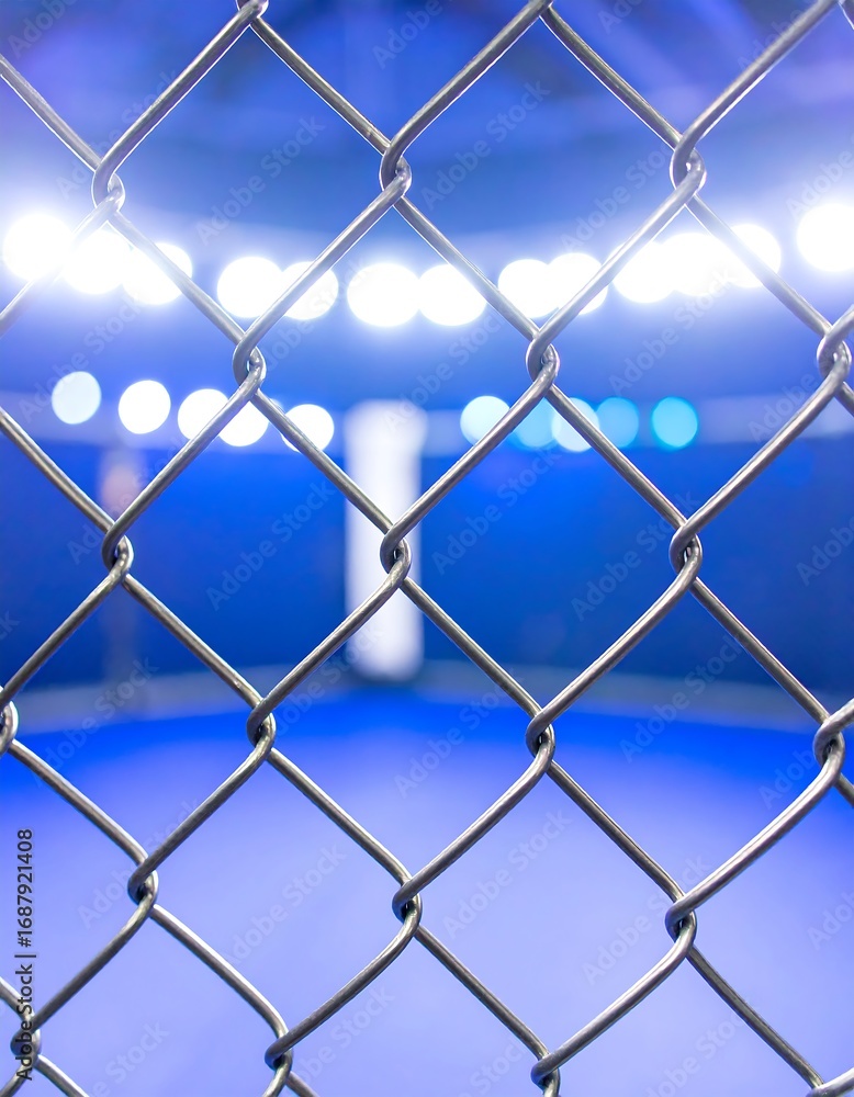 Naklejka premium Blurry view of a fight cage interior through a chain-link fence