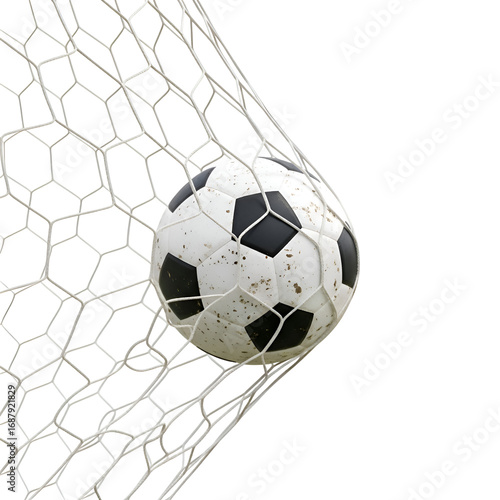 Soccer Ball Enters Goal Net with Force, Creating a Stunning Transparent Background Effect.