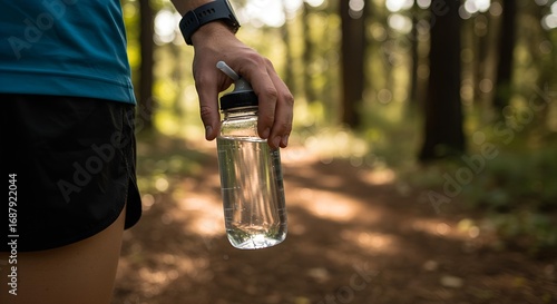 Close-up of a runner's hand holding a clear water bottle during a trail run in a sun-dappled forest, conveying a healthy and