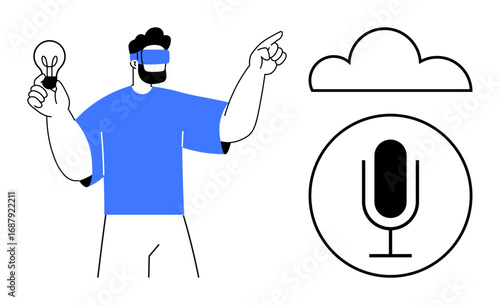 Person wearing VR headset holding a lightbulb and pointing at a cloud over microphone icon. Ideal for innovation, technology, virtual reality, cloud computing, voice recognition, creativity