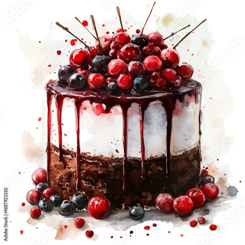 Black Forest Cake, watercolor drawing vector, isolated on a white background.