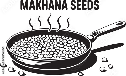 Makhanas Seeds Cooking in Pan with Steam Black and White Vector Illustration Healthy Snack
