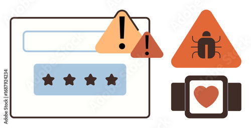 Warning signs over password box, a smartwatch with heart symbol, and a bug alert. Ideal for cybersecurity, digital safety, hacking risks, vulnerabilities, personal data, alert systems