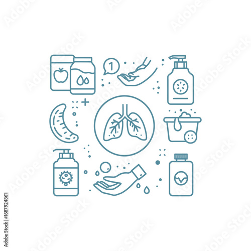 healthy lungs diagram promoting hygiene practices showing clean hands and a balanced diet for respiratory health