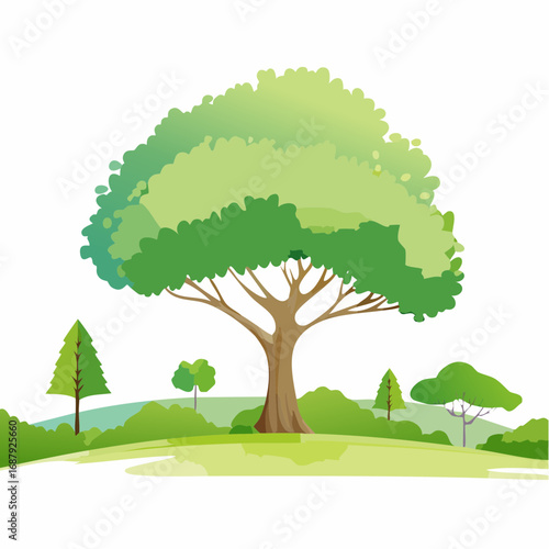 Vector watercolor of green tree side view isolated on white background for landscape and architecture drawing, elements for environment and garden, painting botanical for section and .
