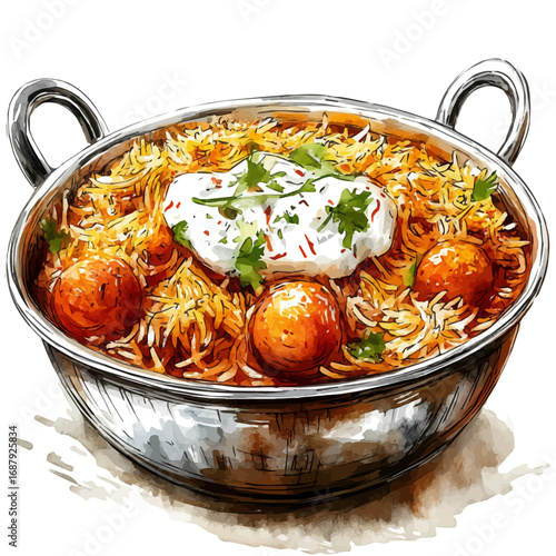 Biryani, watercolor painting vector, isolated on a white background.