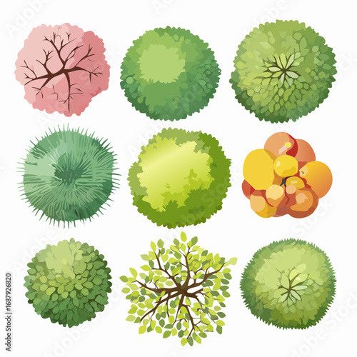 Set of watercolor tree top view isolated for landscape plan and architecture layout,plant for gardening
