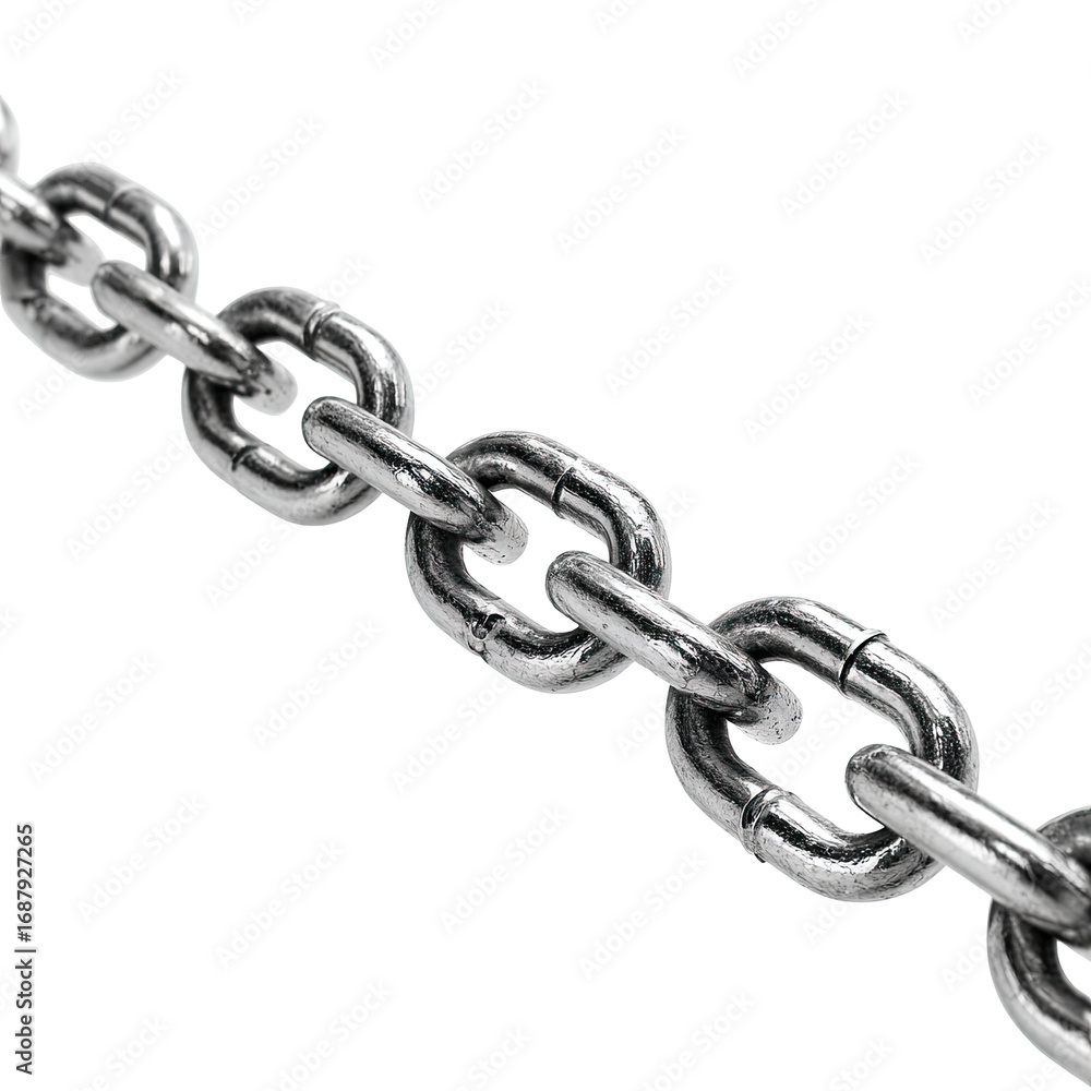 Obraz premium Steel chain links. A section of metallic chain, links connected in a diagonal line, smooth, reflective surface