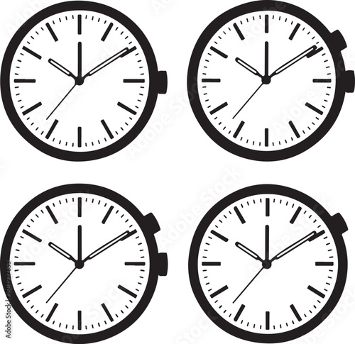 Four black and white clocks time dial