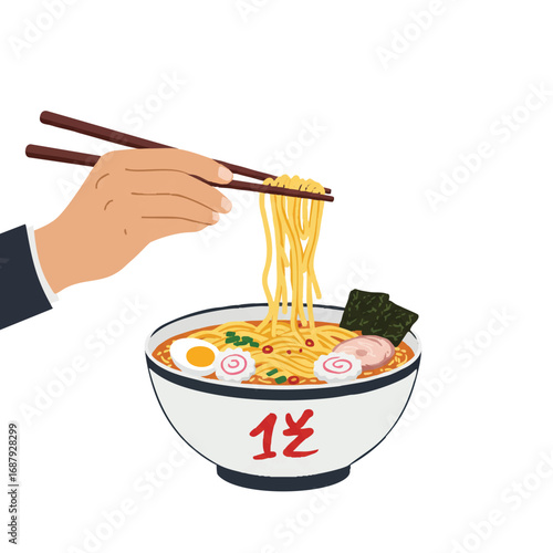 A pair of hands expertly using chopsticks to pick up a generous portion of delicious noodles from a vibrant bowl of ramen, rendered in a clean 2D flat vector illustration style on a white background.