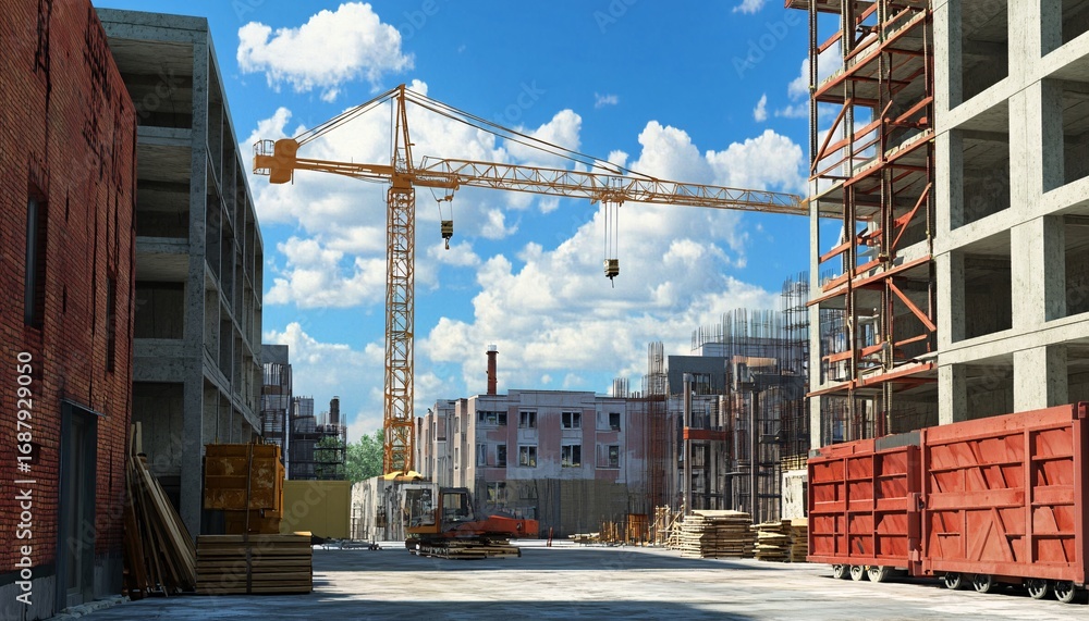 Fototapeta premium The illustration shows an urban construction site with a large yellow crane, unfinished buildings, and various construction materials and equipment.