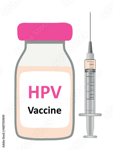 Vector of HPV vaccine vial with pink cap and syringe on white background. Human papillomavirus (HPV) vaccine vial and syringe. Vaccination, prevention, healthcare, immunization, and public health.