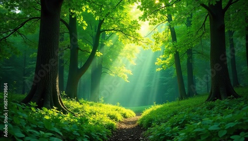 Lush green forest canopy, dappled sunlight filtering through leaves, vibrant undergrowth, tranquil nature scene Perfect for environmental, nature, and travel themes , autumn, flora, natural