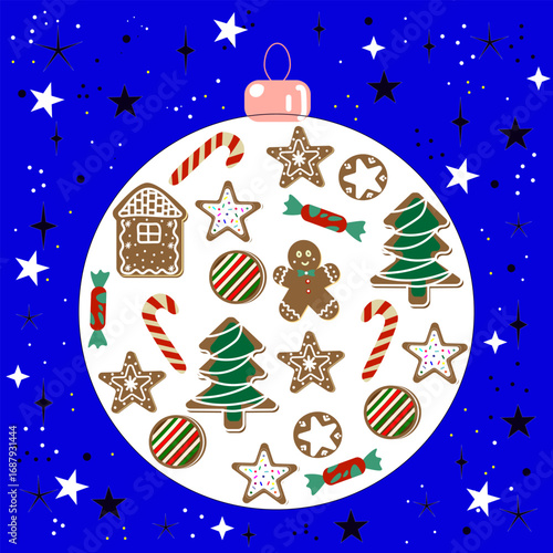 These are illustrations of Christmas gingerbread cookies (in the form of men, houses, Christmas trees, stars, and lollipops), sometimes placed inside a Christmas tree bauble on a background with stars