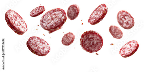 Sliced salami slices levitate on a black background
