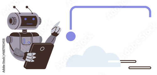 Robot holding electronic tablet while interacting with cloud system flowchart. Ideal for AI, technology, automation, cloud computing, data management, futuristic tools, simple flat metaphor