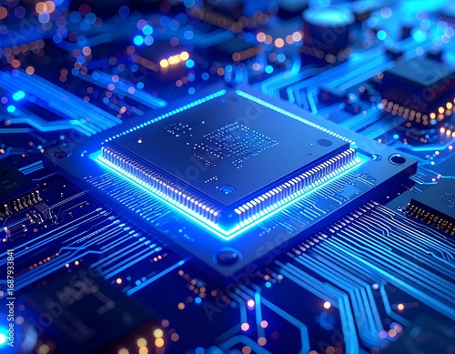 블루 라이트 반도체 칩 클로즈업 Closeup of Semiconductor Chip with Blue Light