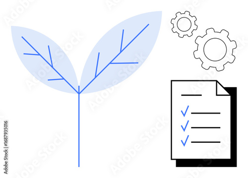 Blue leaf plant with vein details, checklist with tick marks, and two gear icons. Ideal for growth, innovation, project management, sustainability, eco-friendly solutions, workflow simple landing