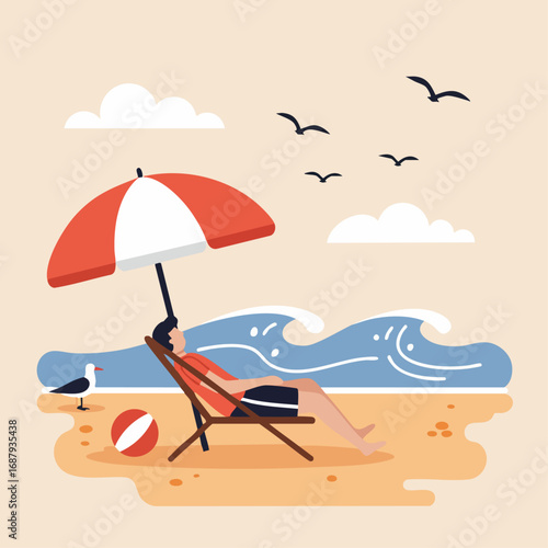 Relaxing Beach Scene A Person Lounging Under an Umbrella with Waves and Birds