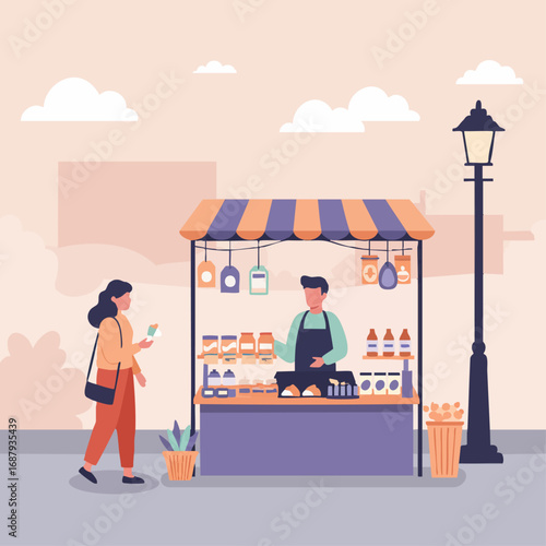 Local Market Scene A Customer Browsing Products at an Outdoor Stall with a Vendor