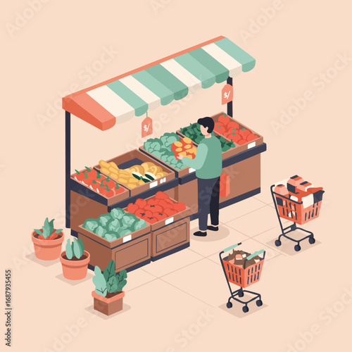 A person shopping for fresh produce at a vibrant market stall, selecting healthy food items from a colorful assortment of fruits and vegetables