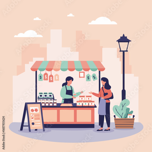 Illustration of a vibrant outdoor market stall with a vendor selling goods to a customer