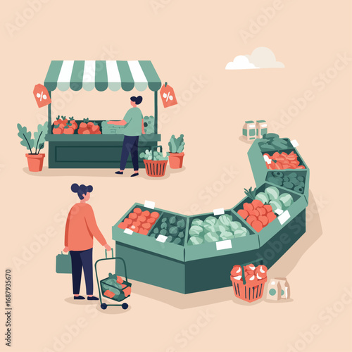 Fresh Produce Market Shoppers Browsing Fruits and Vegetables at an Outdoor Stall