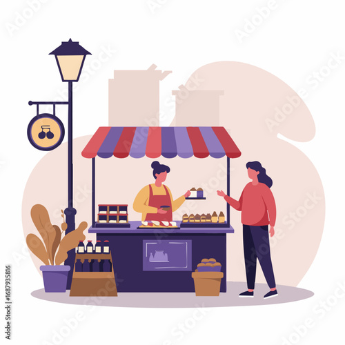 A delightful scene of a vendor serving freshly prepared treats to a customer at a charming outdoor market stall, highlighting local commerce and the simple joys of everyday urban life