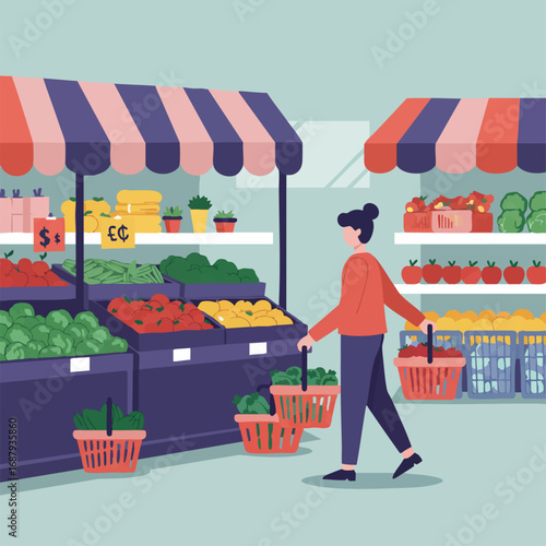 Person walking through a vibrant farmers market, browsing fresh produce at stalls under striped awnings
