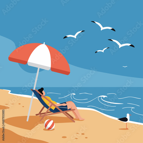 A serene beach scene depicts a person relaxing under an umbrella, with seagulls flying overhead and waves gently lapping the shore