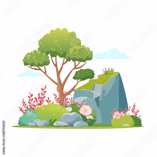 Shrub for section,moss with rock,stone, Vector watercolor blooming flower tree or forest side view isolated on white background for landscape and architecture drawing,elements for .